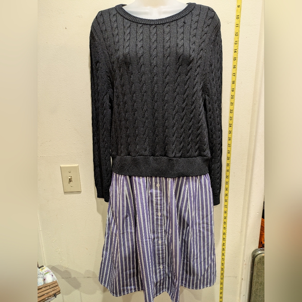 1901 Black Cable Knit Sweater with Blue and White Striped Skirt Size Large